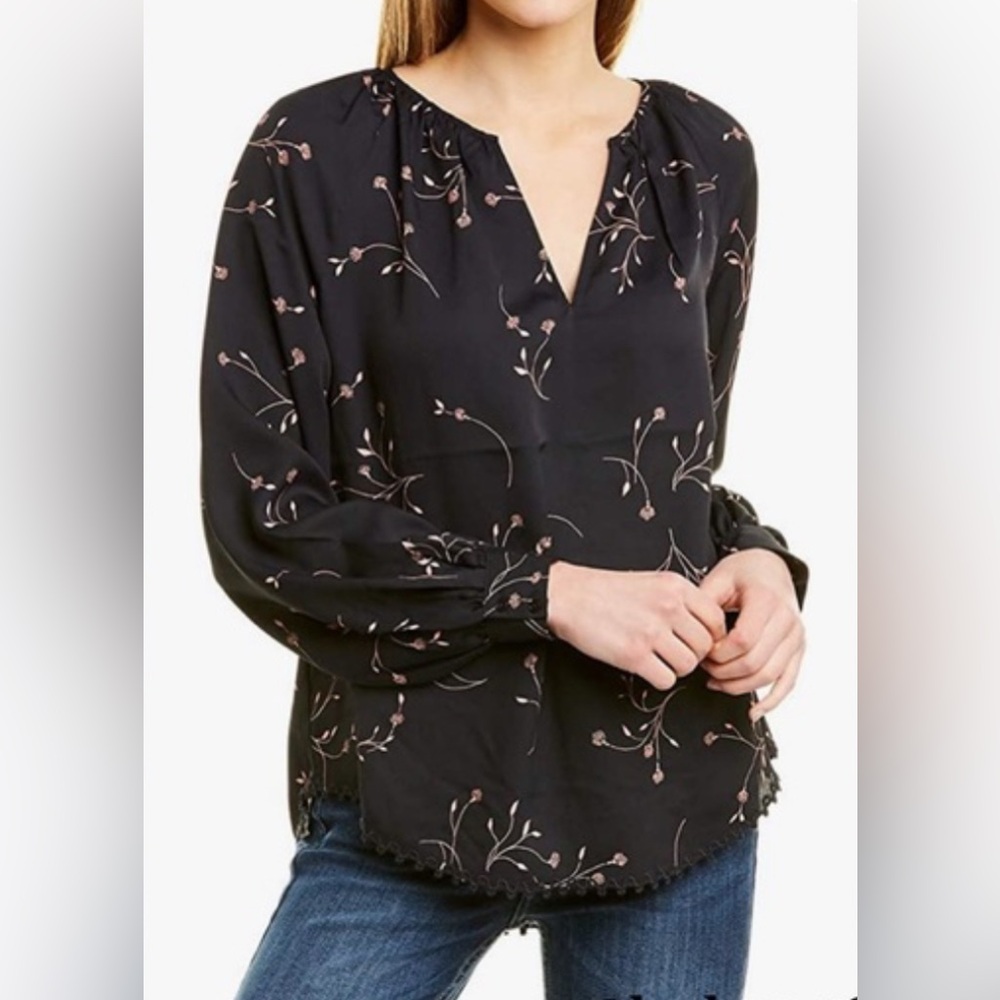 Joie “Allea” Floral Navy Blouse V-Neck Long Sleeve Scalloped Lace Trim XS